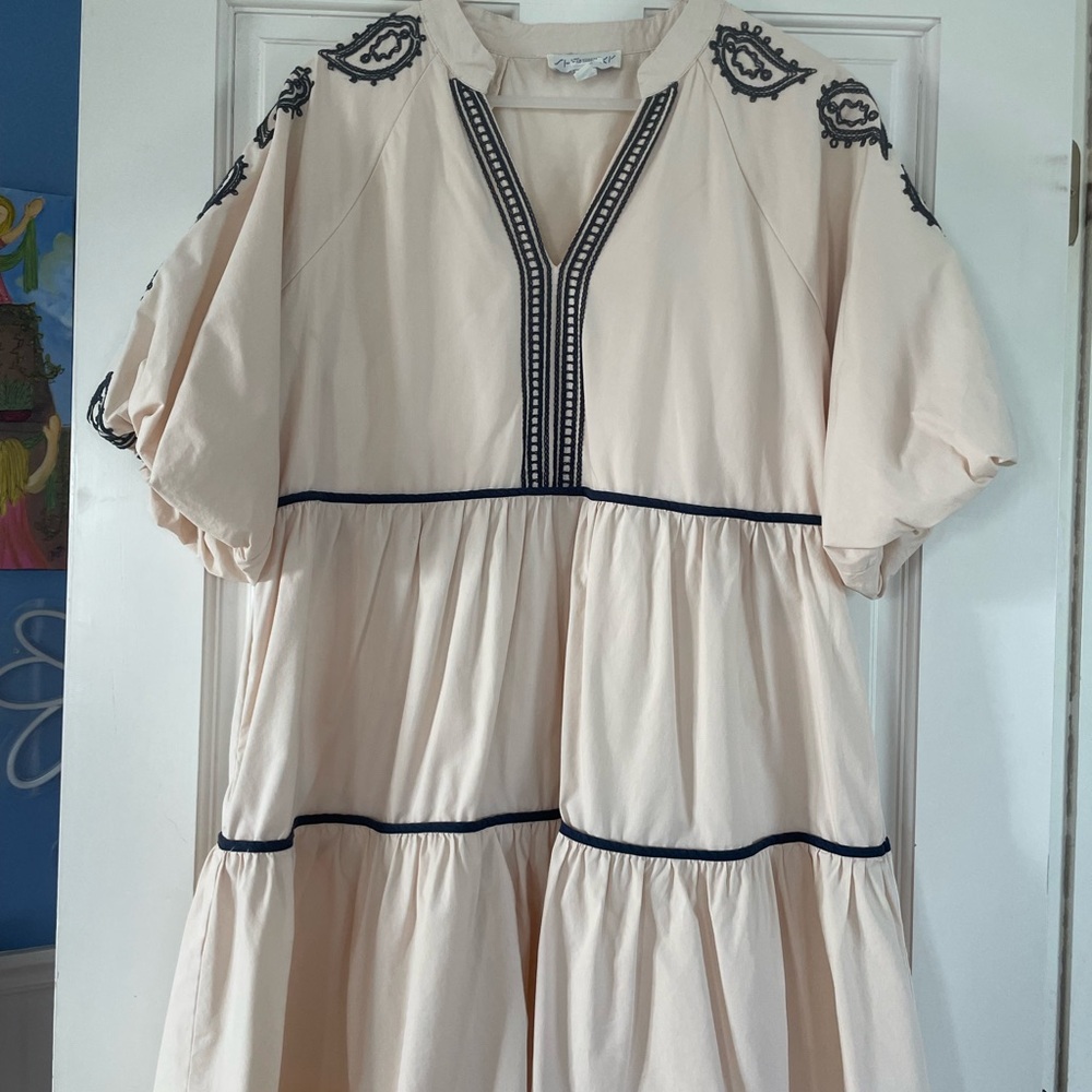 Beige Tiered Embroidered V-Neck Dress with Navy Trim
